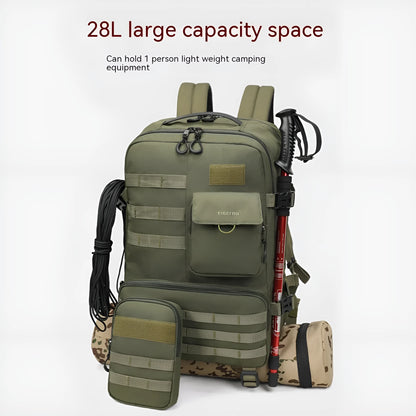 Army green tactical backpack with 17-inch frame and multiple compartments for outdoor use.