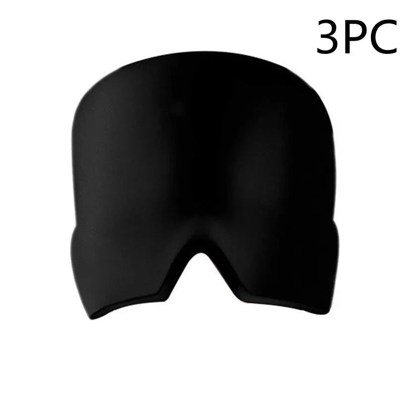 Black elastic cloth gel cold compress eye mask for headache relief on a grey background.