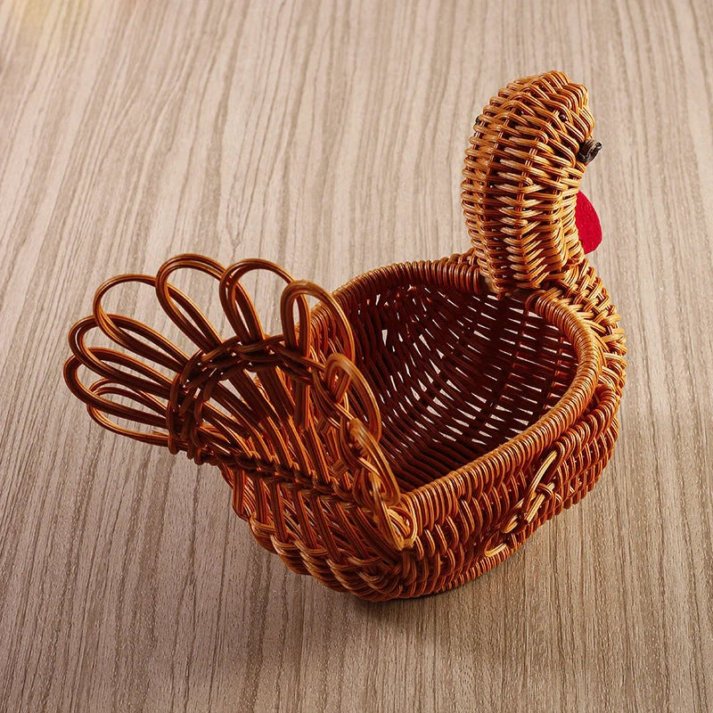Deer-shaped rattan fruit basket in natural khaki, perfect for fresh produce storage and home decor