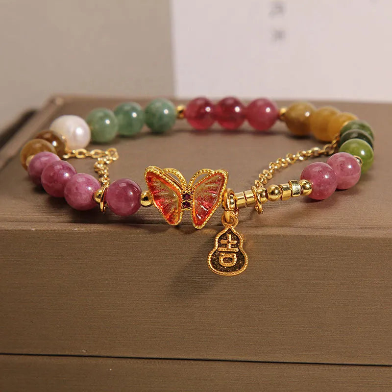 Natural Jade Coloured Tourmaline Agate Bracelet for Women, a Butterfly-Shaped Gourd Design Charm Bracelet Weighing 40 Grams for a Handcrafted Crystal Jewellery Piece