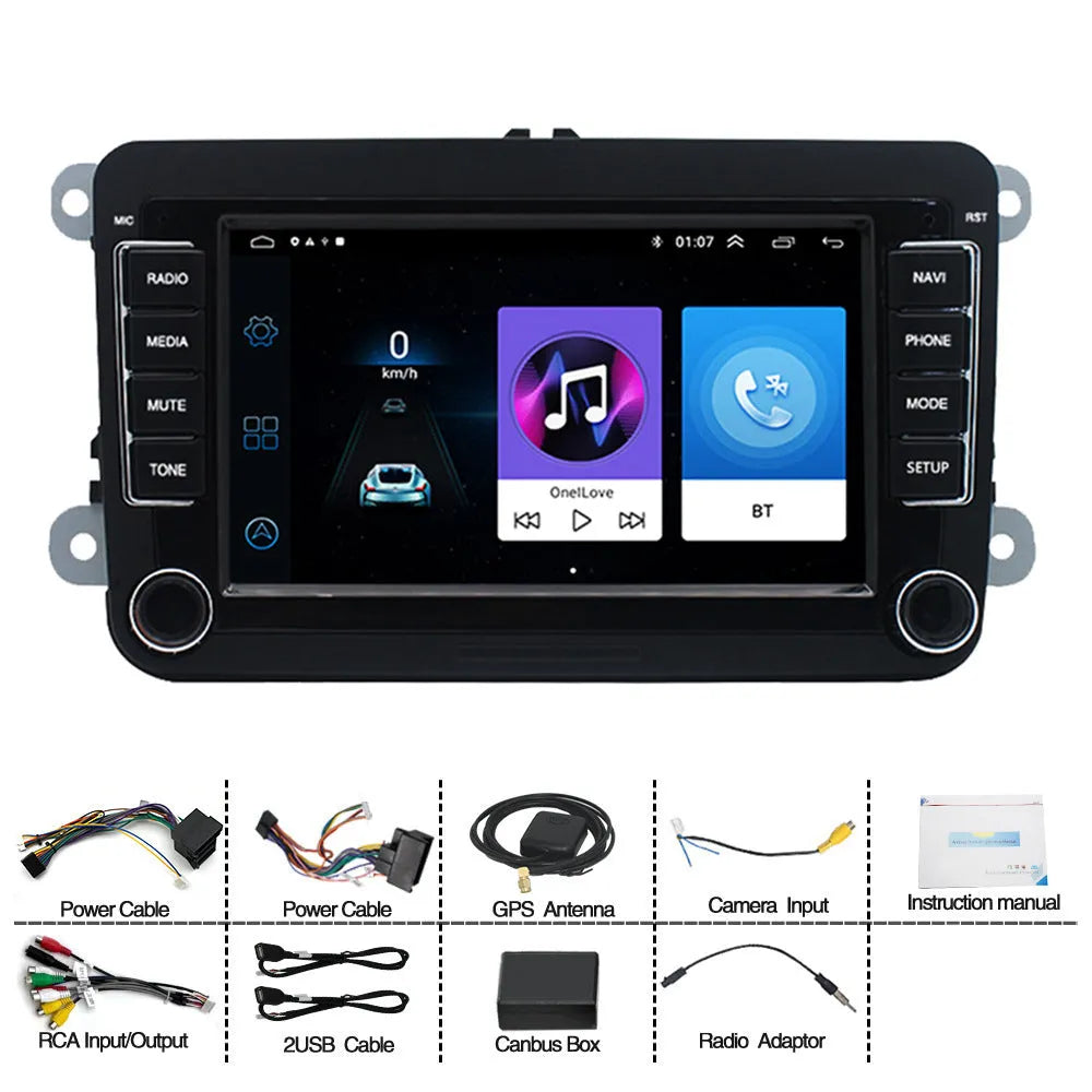 Universal 7-inch Android car stereo touchscreen for Volkswagen vehicles on a dashboard