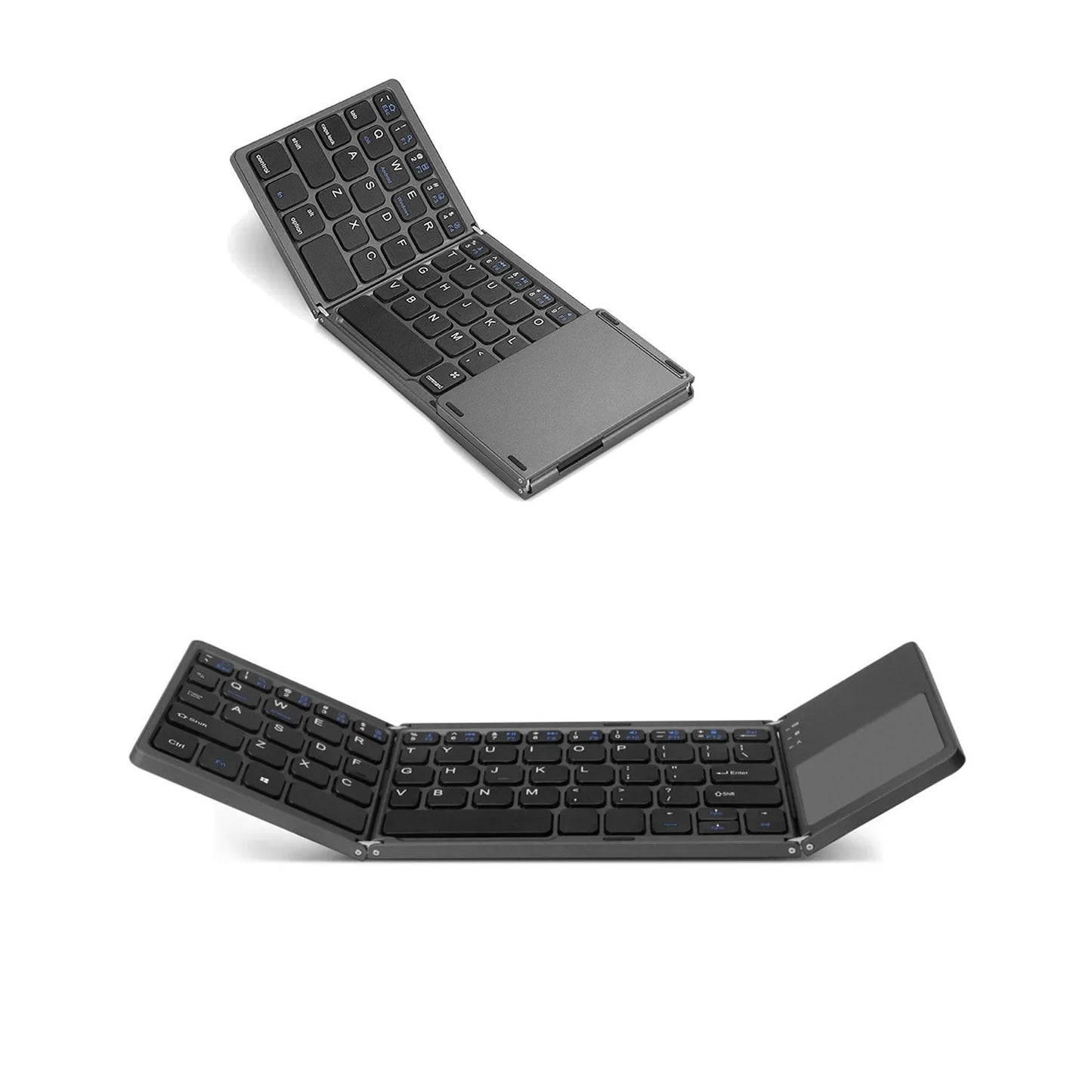 Tri-fold Bluetooth keyboard shown unfolded with thin touch keys in black or silver colour options