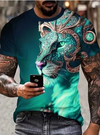 Men's black t-shirt with a fierce 3D printed lion graphic on the chest.