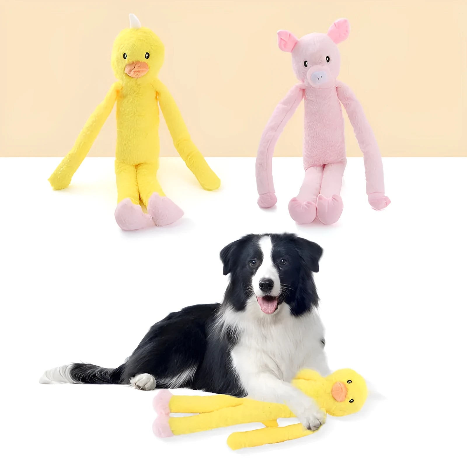 Pink and yellow plush dog toy with rattle and crinkle sounds for large breed chewing