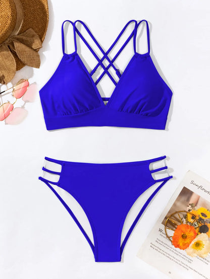 Women's nylon V-neck halter bikini swimsuit in a choice of six colours