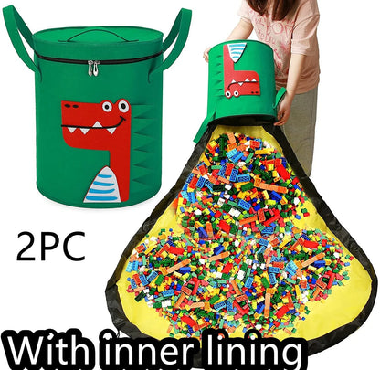 Green felt storage cube with pull rope unfolded flat to show 35cm square waterproof play mat