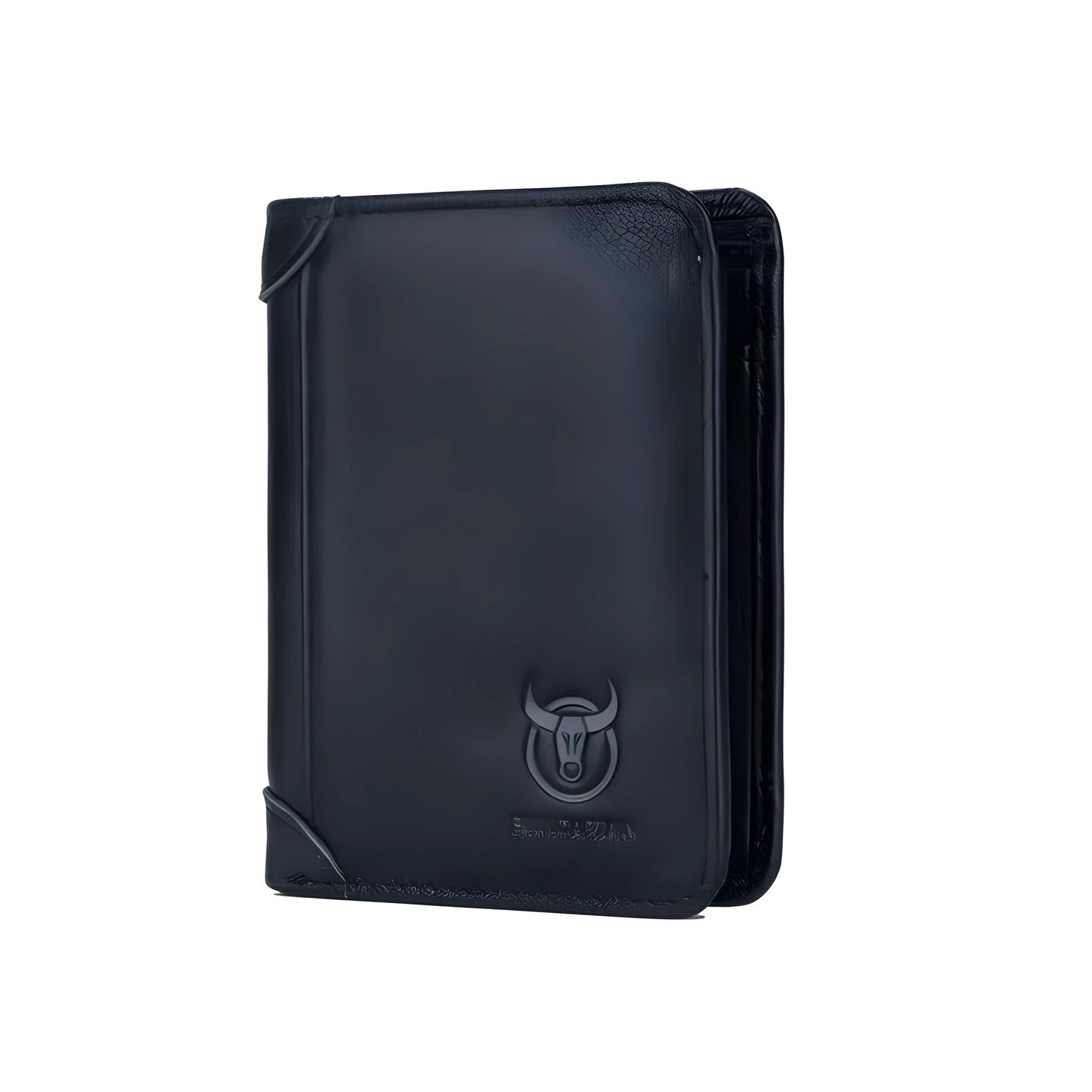 Men's casual leather wallet in black with two-fold cover, showing internal compartments including secret section.