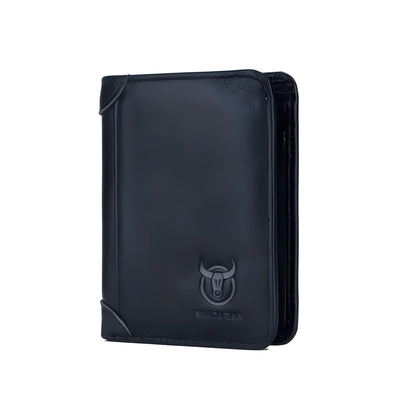 Men's casual leather wallet in black with two-fold cover, showing internal compartments including secret section.