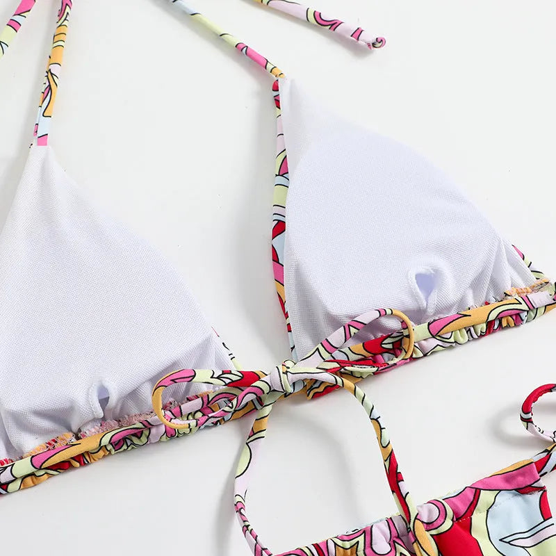 Women's triangle printed bikini with halter neck design in multicolor pattern