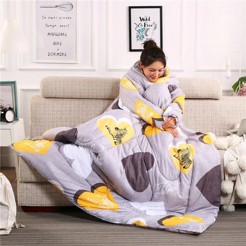 Cozy heated blanket with sleeves for comfortable lounging and hands-free relaxation