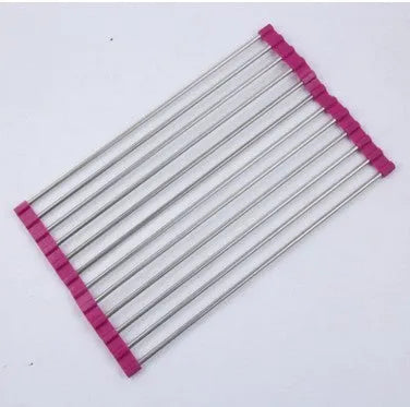 Folding stainless steel kitchen drain rack with coloured plastic tubes, shown open for use.