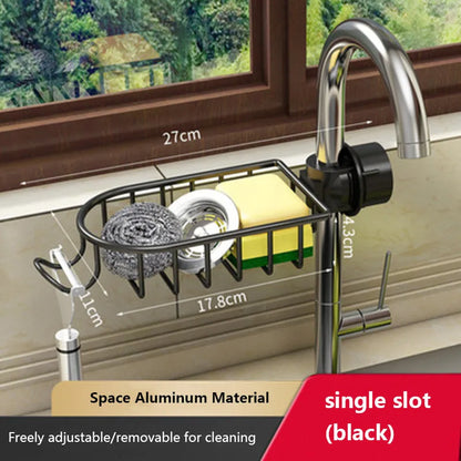 Space aluminium kitchen sink rack and drain basket with no-punch fitting, shown in silver or black single or double with towel bar