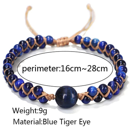 Close-up of a hand-woven geometric bracelet with a blue Tigereye stone on a wrist.