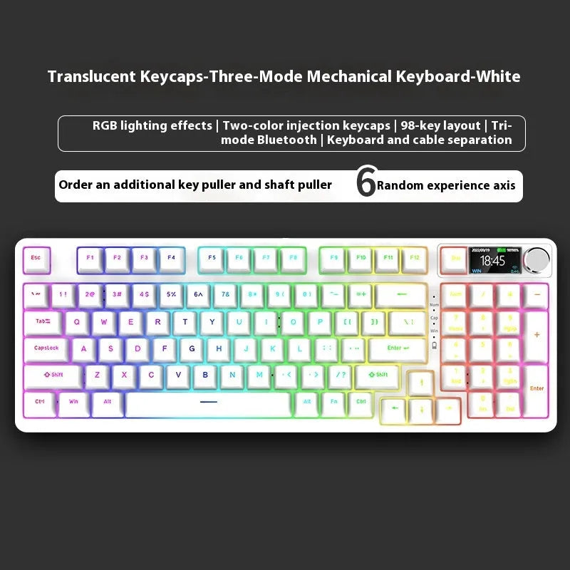 98-key wireless mechanical keyboard kit in black or white with optional LED screen and metal knob
