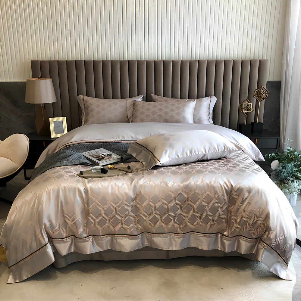 Pure cotton duvet cover with geometric jacquard pattern in Nordic style, showing embroidery texture detail