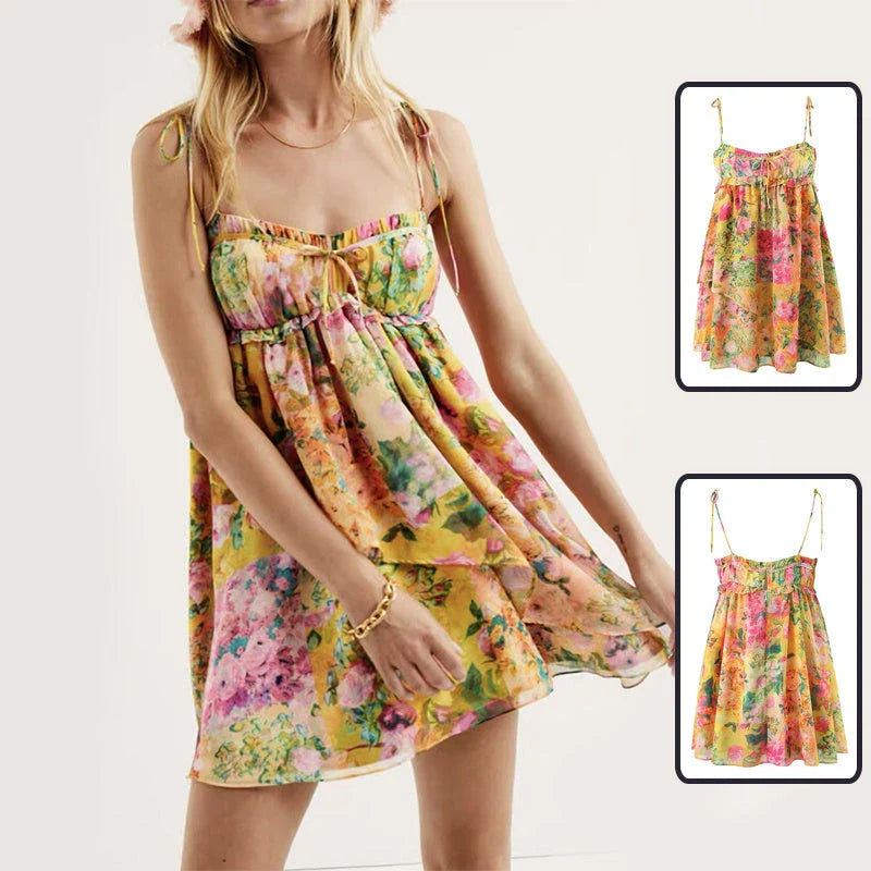 Stylish floral print suspender dress with ruffled A-line skirt and adjustable spaghetti straps for a customized fit