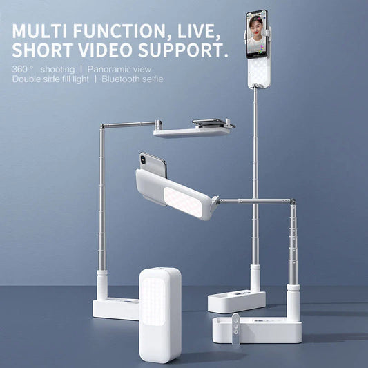 Adjustable multi-angle phone holder with integrated lighting and Bluetooth remote control for mobile photography and video recording