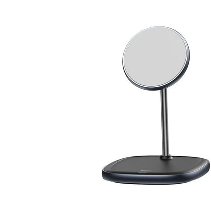Swan Magnetic Desktop Stand Wireless Charger in white holding an iPhone 12 at an angle on a wooden desk