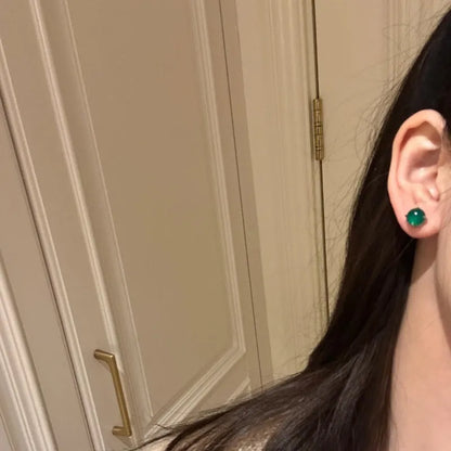 Chinese style chalcedony stud earrings with four-claw setting in emerald green, pink purple and milk white colours