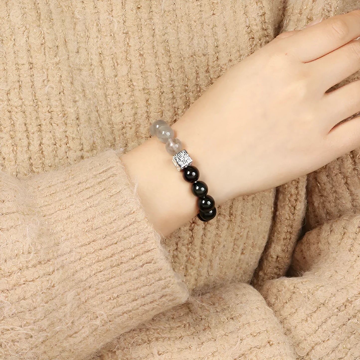 Chinese style couple crystal bracelets with 10mm geometry beads in khaki colour