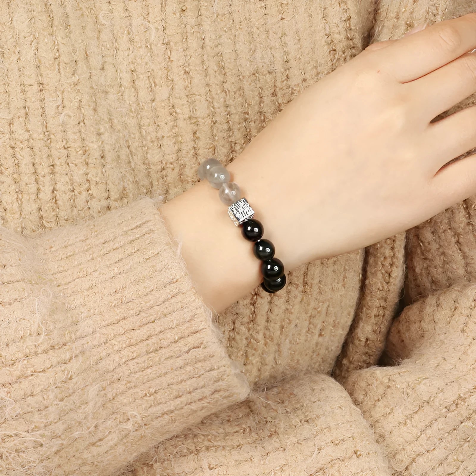Chinese style couple crystal bracelets with 10mm geometry beads in khaki colour