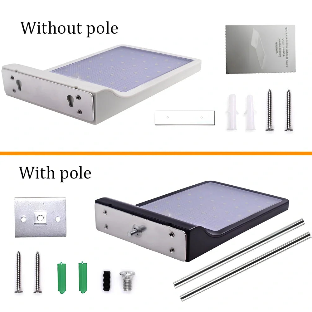 Solar garden light with 36 LED array in black or white finish showing integrated solar panel