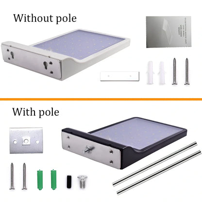 Solar garden light with 36 LED array in black or white finish showing integrated solar panel