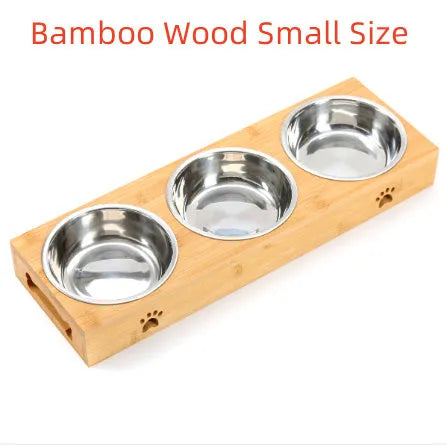 Solid wood pet dining table with elevated stainless steel feeding bowls for cat or dog