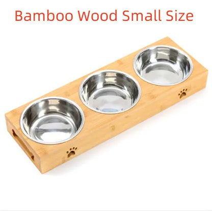 Solid wood pet dining table with elevated stainless steel feeding bowls for cat or dog