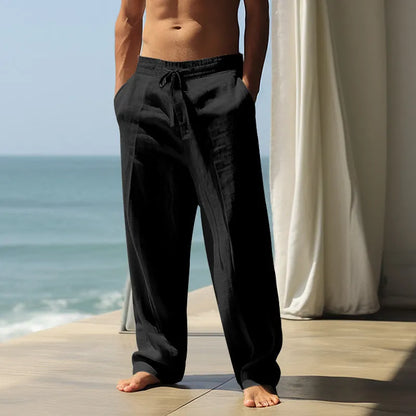 Men's loose-fit casual cotton trousers in khaki colour with an elastic waistband.