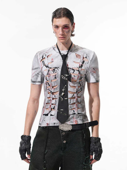 Men's white cotton T-shirt with hollow-out design pattern on fabric