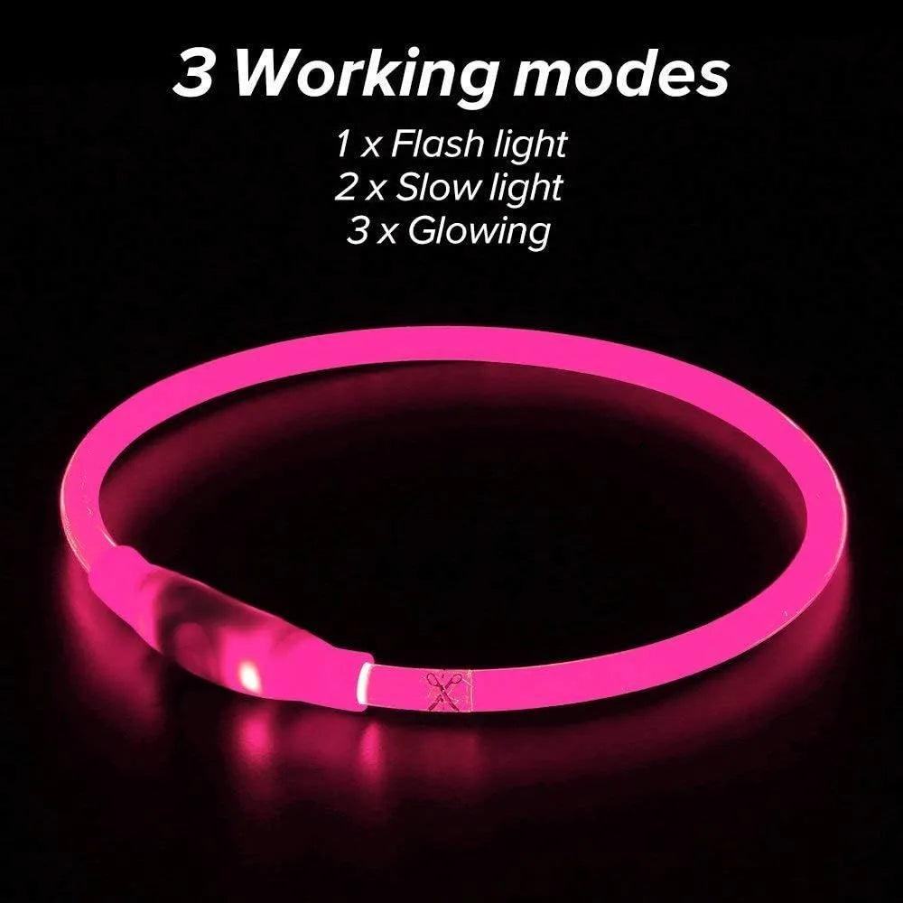Blue USB rechargeable LED dog collar with glow lights, adjustable 70cm length for pet safety.