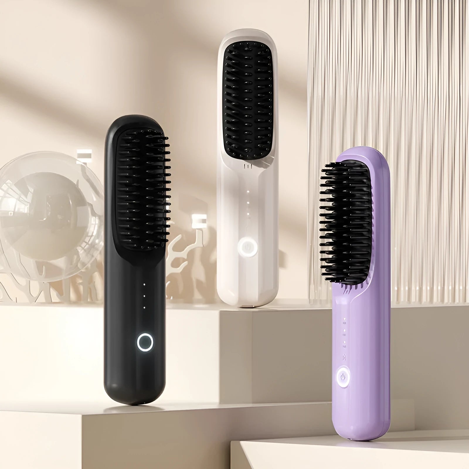 Wireless anion hair straightening comb in beige colour with Type-C charging port