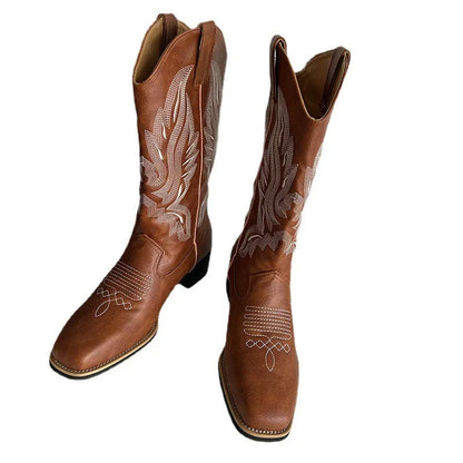 Brown women's mid-calf embroidered Martin boots with leather lining and square heels