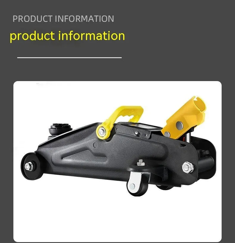 Horizontal hydraulic trolley jack for car tyre changes with low profile design and handle