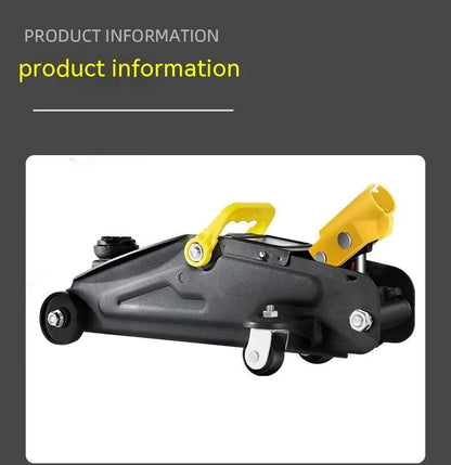 Horizontal hydraulic trolley jack for car tyre changes with low profile design and handle