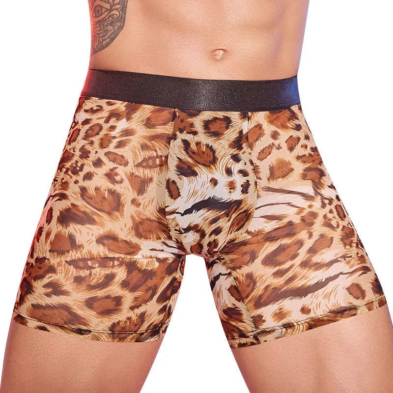 Men's leopard print nylon boxer shorts laid flat, showing the animal pattern design.