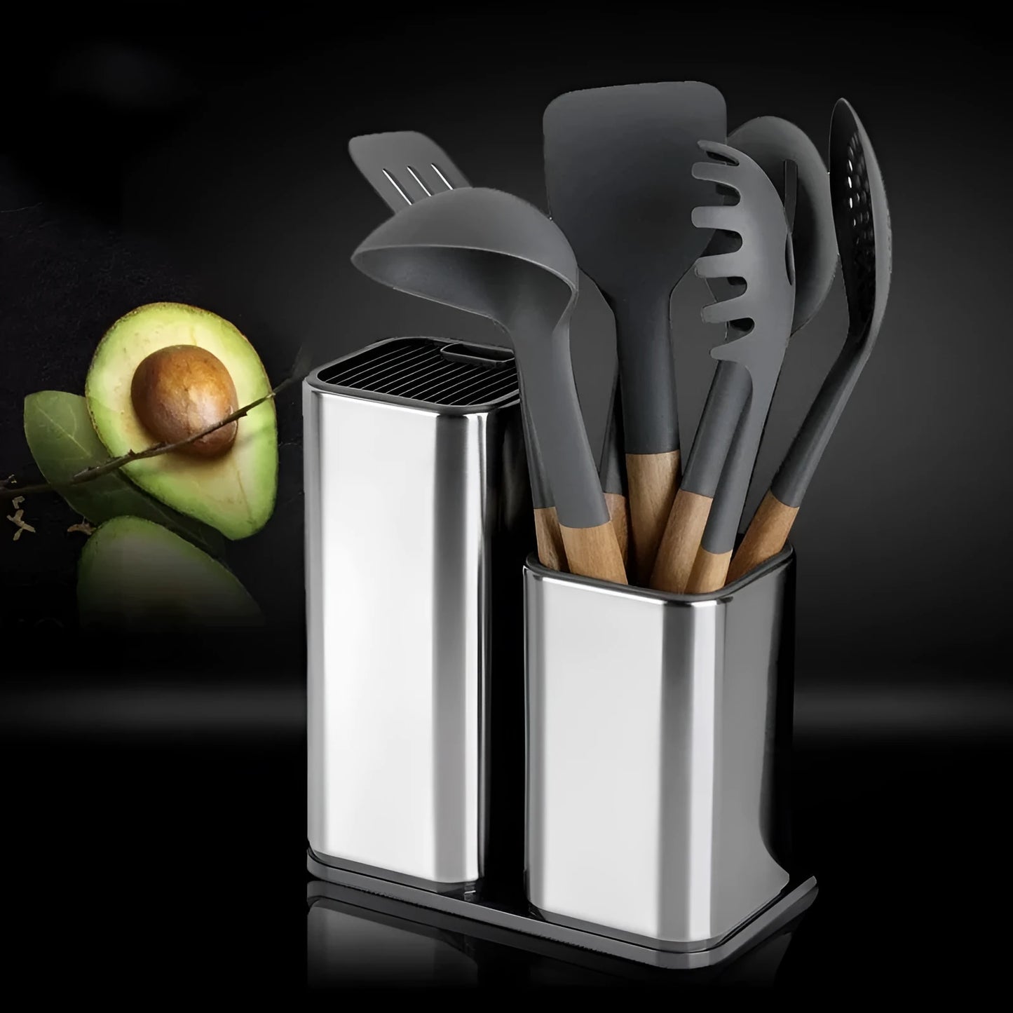 Black and white PP kitchen knife holder with detachable draining base and storage bucket