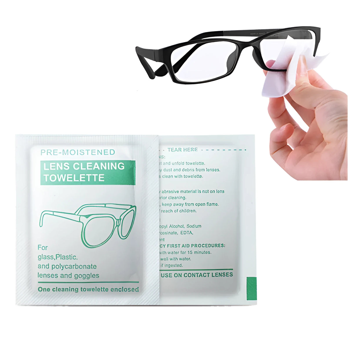 Pack of 100 white, individually sealed quick-drying lens cleaning wipes for glasses and screens.