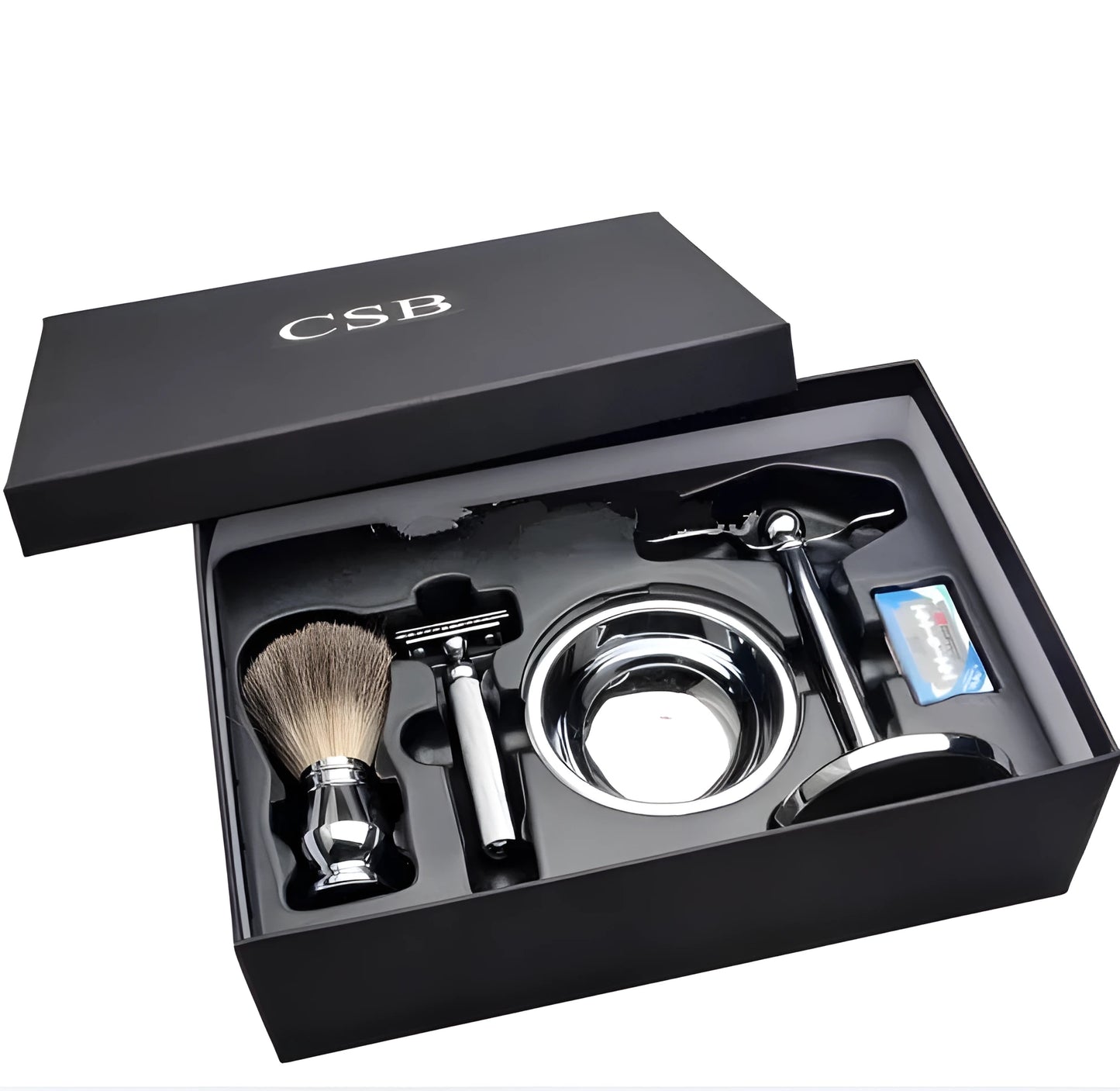 CSB double edge safety razor and badger hair shaving brush kit with chrome stand and soap bowl