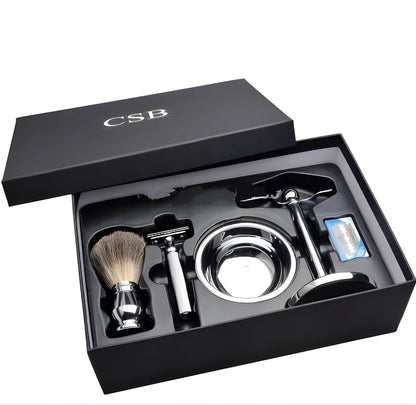 CSB double edge safety razor and badger hair shaving brush kit with chrome stand and soap bowl