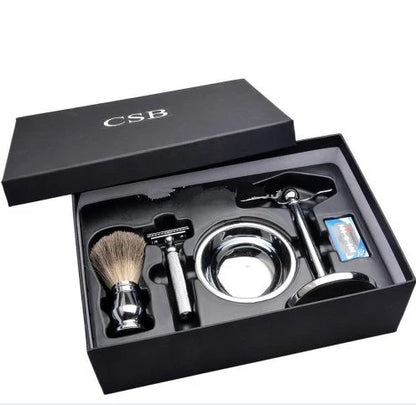 Premium double edge safety razor, badger hair shaving brush, and shaving accessories for a classic grooming routine