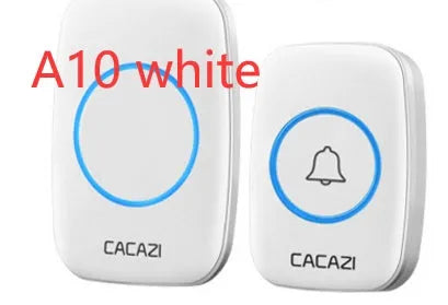Wireless doorbell button and plug-in chime unit with 300m range, shown in silver finish.