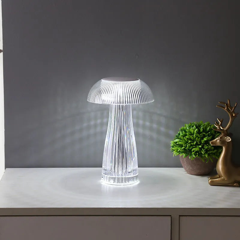 White jellyfish crystal table lamp with colour-changing lights on acrylic base