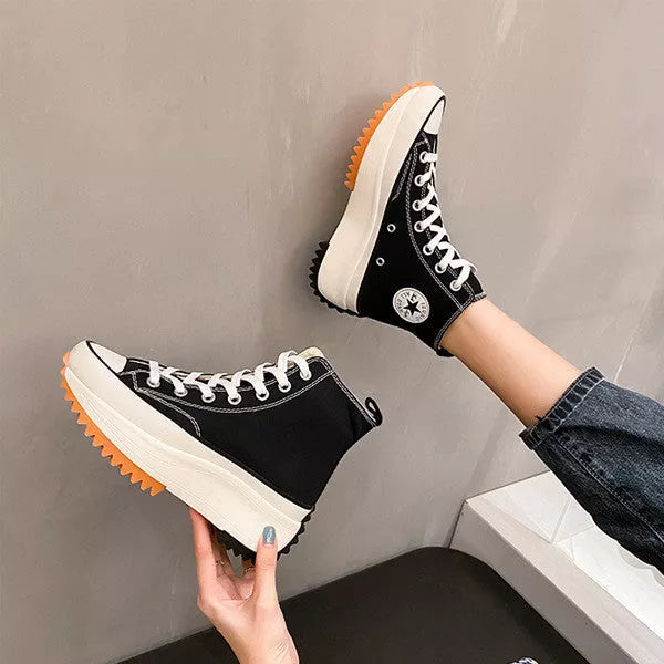 Women's thick-soled canvas shoes in white, black, and black high top options