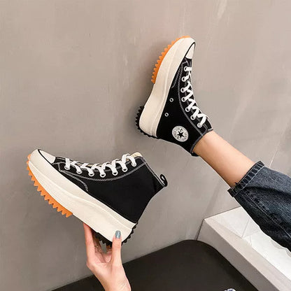 Women's thick-soled canvas shoes in white, black, and black high top options