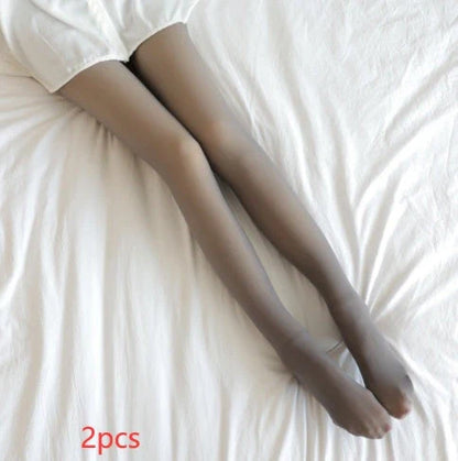 Cozy fleece-lined tights in various colors, featuring a unique translucent design and high-waisted fit for warmth and style.
