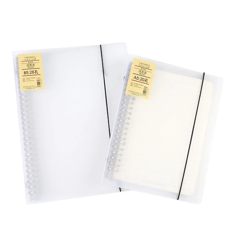 A5 and B5 loose-leaf notebooks with black looped wire binding and horizontal line paper on a PP matte cover.