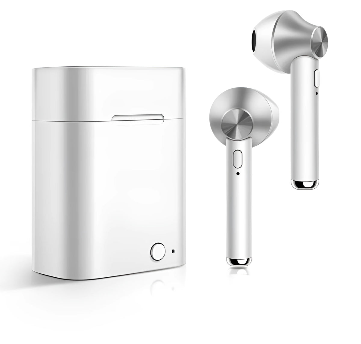 Black wireless sports Bluetooth earbuds showing battery display and placed next to a smartphone.