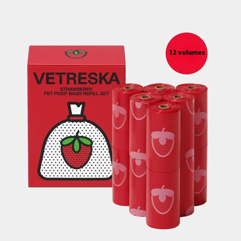 Dog poo bag dispenser and refill roll set with scented HDPE bags in a plastic capsule, includes 15 scented waste bags with strawberry, orange, or cherry blossom fragrances for portable pet waste management on dog walks